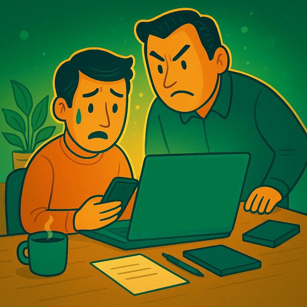 Ein Mitarbeiter am Schreibtisch blickt auf sein Smartphone, während ein Vorgesetzter ihm über die Schulter schaut. Die Szene zeigt, wie das Smartphone am Arbeitsplatz zur Ablenkung werden kann und unter Beobachtung steht.