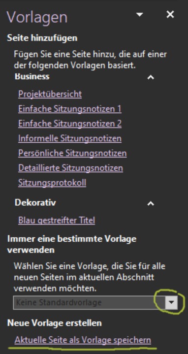 Ein Screenshot, der den Dialog zum Auswählen oder Erstellen von Vorlagen in OneNote anzeigt.