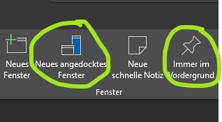 Ein Screenshot, der die Schaltflächen zum Andocken eines Fensters und zum Behalten im Vordergrund in OneNote anzeigt.