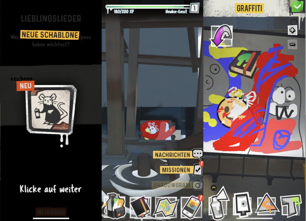 Collage aus drei Screenshots des Spiels Shadow's Edge. Links: Auswahl einer neuen Schablone für Graffiti mit einer stilisierten Maus, die eine Spraydose hält. Mitte: Sicht des Spielcharakters in einer urbanen Umgebung, bereit, ein Graffiti zu erstellen. Rechts: Buntes, kindliches Graffiti mit verschiedenen Formen und Farben an einer Wand. Es enthält chaotische, aber entspannende Zeichnungen, die den kreativen Prozess des Spielers zeigen.