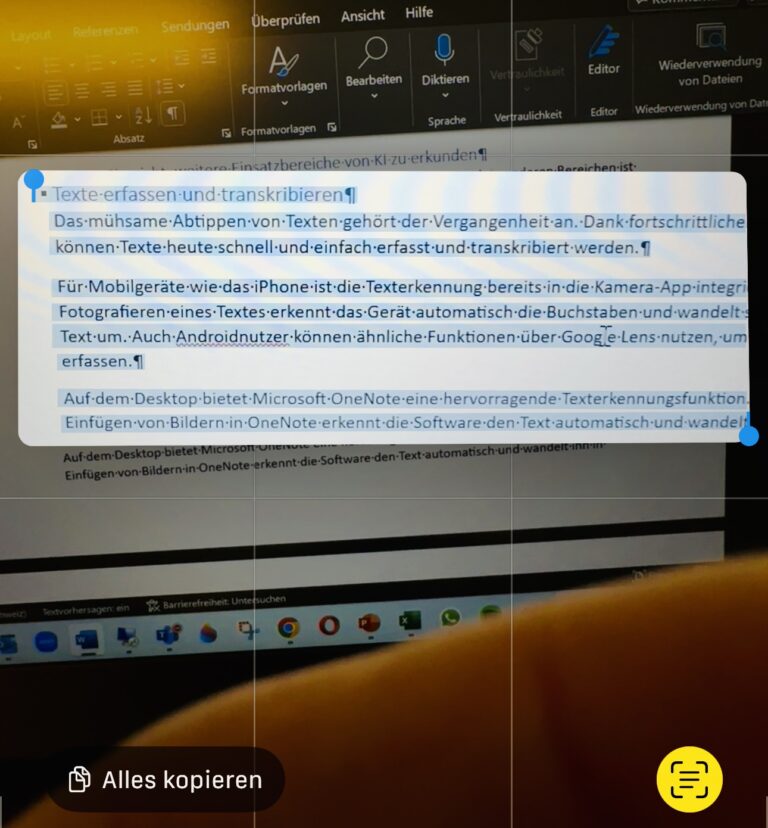Ein Bildschirmfoto, das die Texterfassung mit der Kamera-App eines iPhones zeigt.