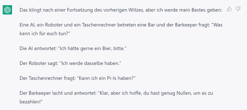 Screenshot der App ChatGPT, die einen Barkeeper-Witz zum Besten gibt.