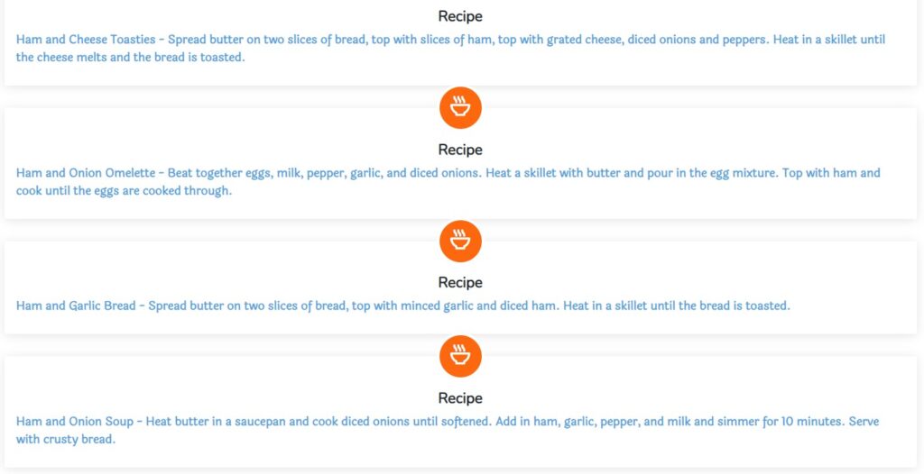 Der Screenshot zeigt Rezepte auf der App YouGotCooking, darunter: Ham and Cheese Toasties: Butter auf Brot streichen, mit Schinken, Käse, Zwiebeln und Paprika belegen und in der Pfanne rösten. Ham and Onion Omelette: Eier, Milch, Pfeffer, Knoblauch und Zwiebeln vermengen, in Butter braten und mit Schinken belegen. Ham and Garlic Bread: Butter auf Brot streichen, mit Knoblauch und Schinken belegen und rösten. Ham and Onion Soup: Zwiebeln und Schinken in Butter anbraten, mit Knoblauch, Pfeffer und Milch köcheln und mit Brot servieren.