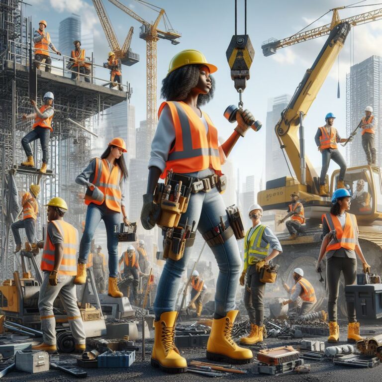 Ein von einer KI erzeugtes Bild, das Arbeiter und Arbeiterinnen auf einer Baustelle zeigt. Es ist erfreulich ausgewogen, da es sowohl Männer als auch Frauen unterschiedlicher Hautfarben darstellt.