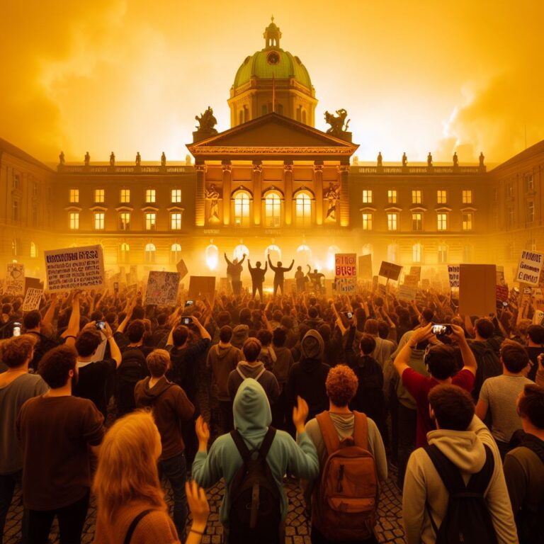 Bild des Bundeshauses in Bern, das von einer KI erzeugt wurde. Es erweckt den Eindruck, es würde in Flammen stehen.