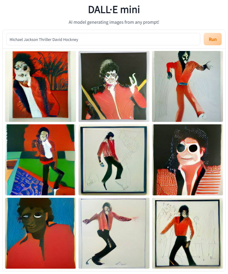 Mehrere Bilder von Michael Jackson in Thriller im Stil David Hockneys. Bilder, die von einer KI erstellt wurden.