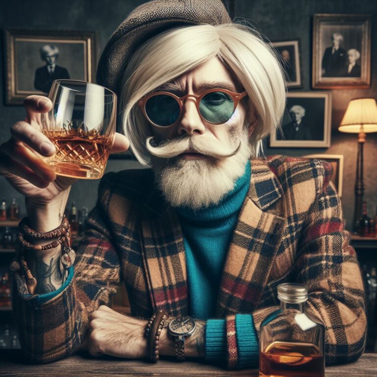 Ein Bild, das Andy Warhol als Hipster beim Whiskytrinken zeigt. Erstellt von Bing.