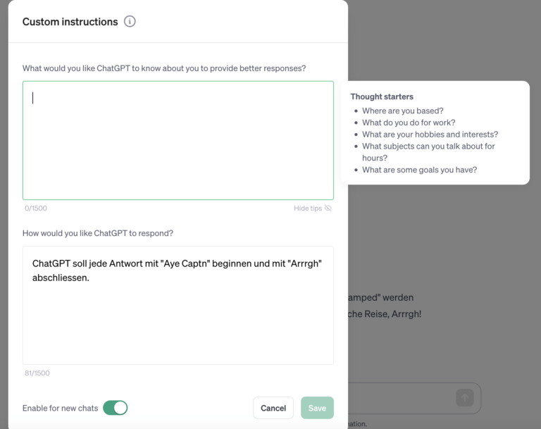 Ein Screenshot zeigt die Einstellungen, in denen festgelegt wird, wie der Chatbot auf Fragen reagieren soll.