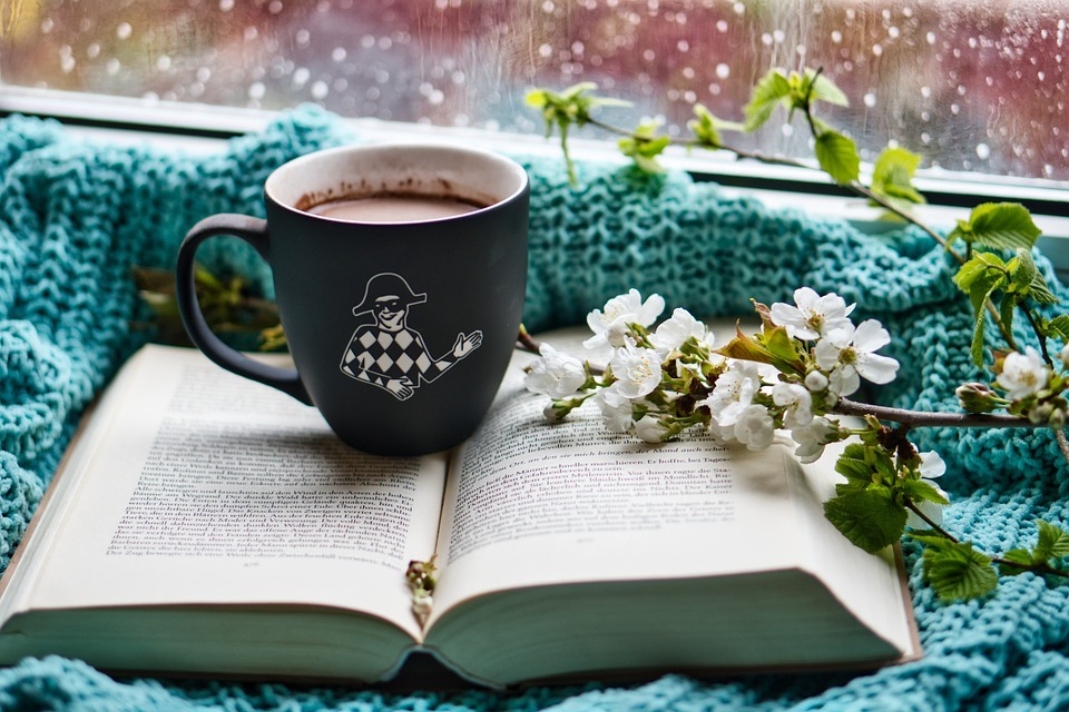 Fenster mit nasser Scheibe und Regentropfen. Auf dem Fenstersims liegt ein türkiser Schal zur Isolation, darauf ein aufgeschlagenes Buch und eine dunkelblaue Tasse mit heissem Kakao, auf der ein Harlekin in weissen Konturen abgebildet ist. Ein Kirschblütenzweig dekoriert das Fenster.