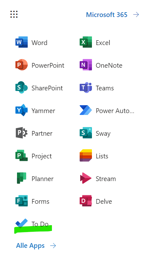 Ein Screenshot, der die Microsoft To Do App neben anderen Microsoft-Apps in der Webversion zeigt.