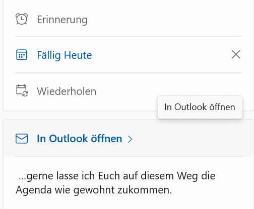 Ein Screenshot, der zeigt, wie in Microsoft To Do markierte E-Mails in Microsoft Outlook geöffnet werden können.