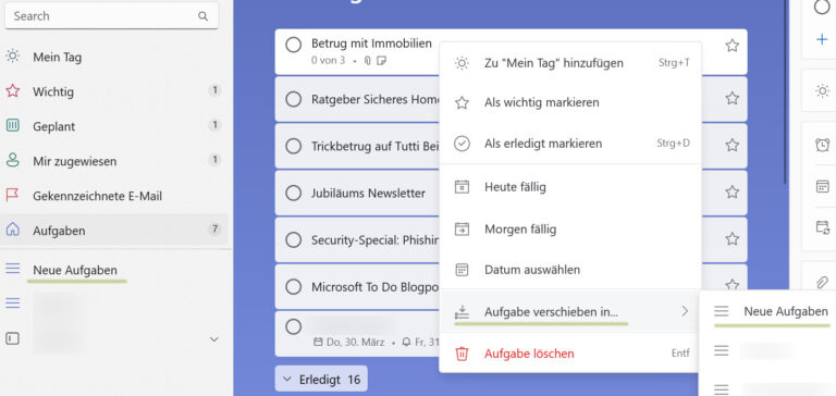 Ein Screenshot, der das Organisieren von Aufgaben in Microsoft To Do durch die Möglichkeit, sie in Listen zu verschieben, anzeigt.