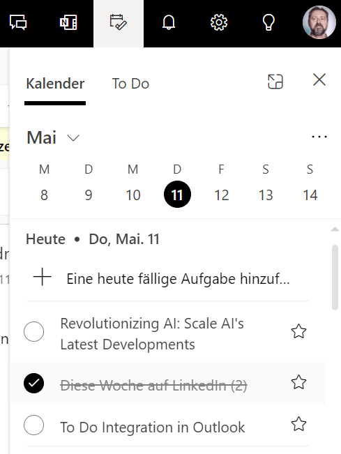 Ein Screenshot, der eine chronologische Auflistung von Aufgaben im Outlook-Kalender der Web-App anzeigt.
