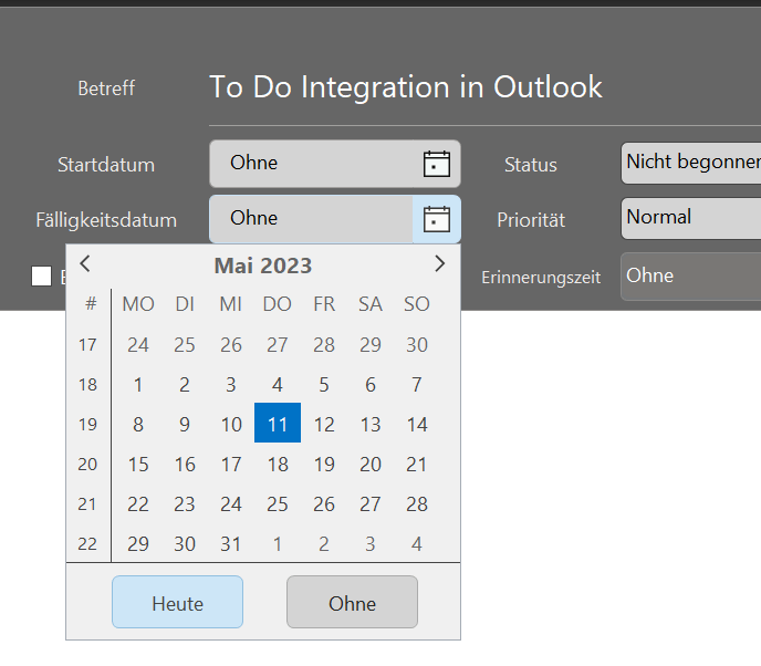 Ein Screenshot, der zeigt, wie das Fälligkeitsdatum einer Aufgabe in Outlook bearbeitet wird.