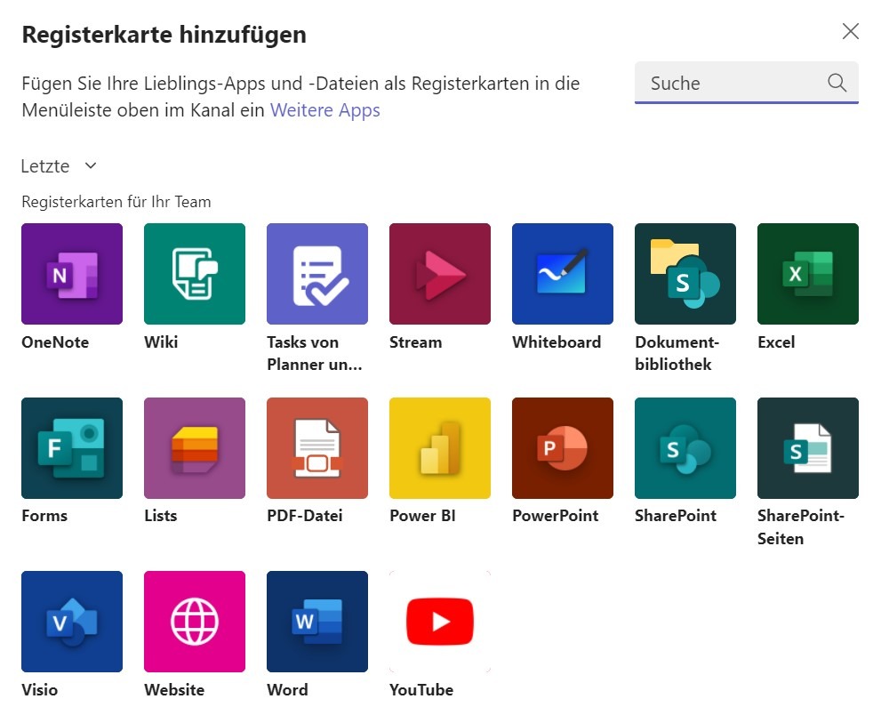 Screenshot des Dialogs „Registerkarte hinzufügen“ in Microsoft Teams, der zeigt, wie tief Teams in die Microsoft 365-Welt eingebunden ist. Mehrere Office-Anwendungen und Microsoft 365-Dienste werden als Kacheln dargestellt, was die nahtlose Integration und den einfachen Zugriff auf diese Tools innerhalb von Teams verdeutlicht.