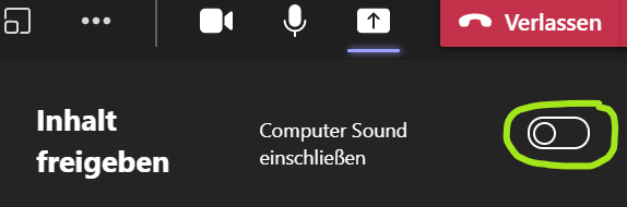 Screenshot, der zeigt, wie bei Microsoft Teams das Computer-Audio eingeschlossen werden kann.