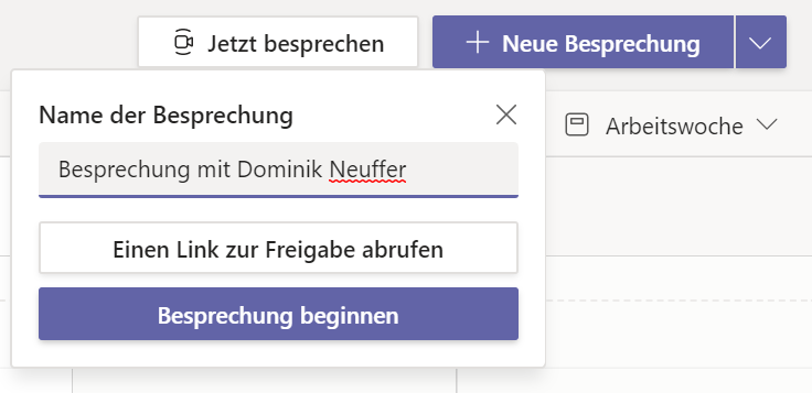 Screenshot der Microsoft Teams App, der zeigt, wie der Link zu einer spontanen Besprechung abgerufen werden kann. Eine Schaltfläche zum Teilen des Besprechungslinks ist sichtbar.