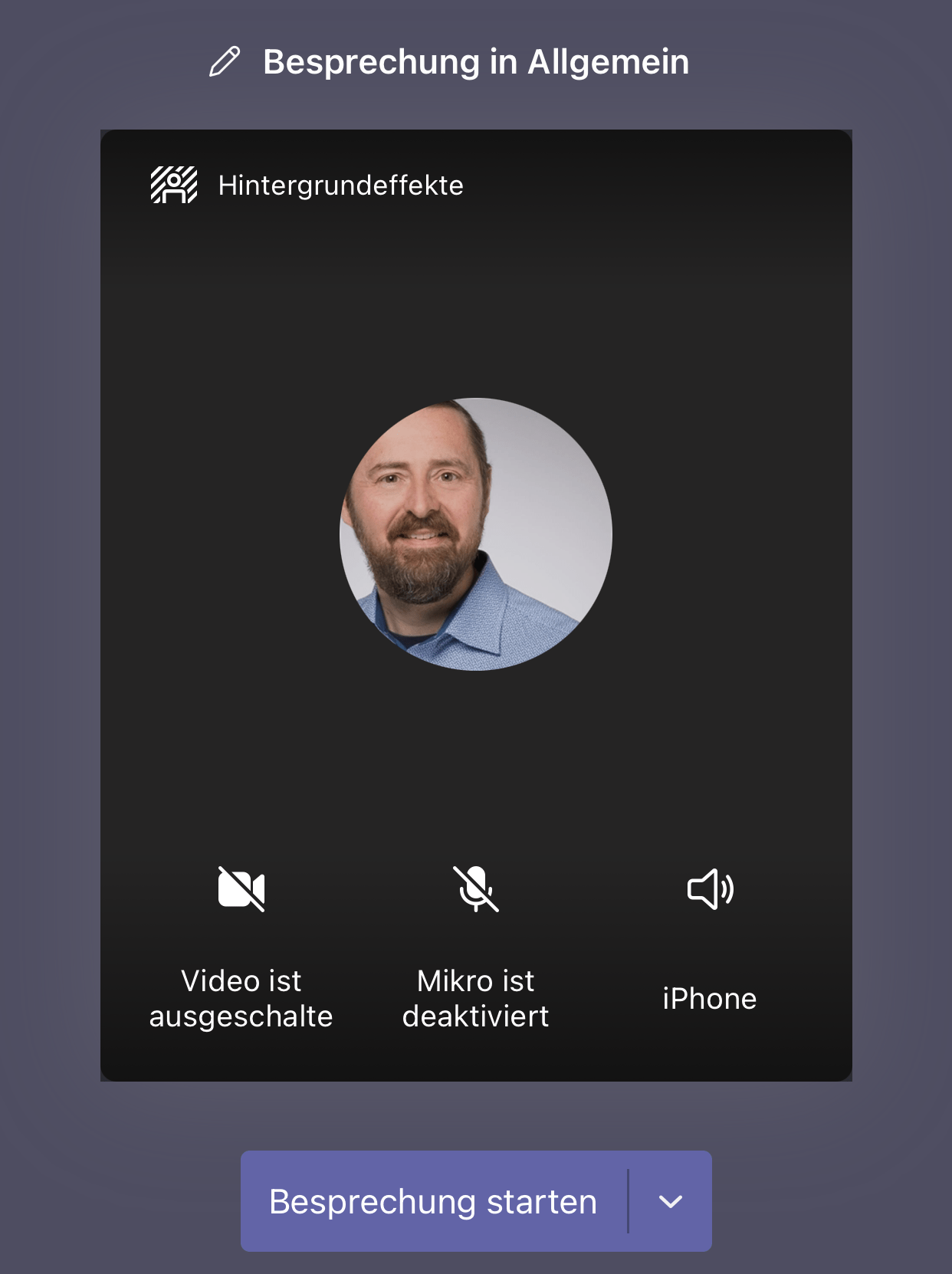 Screenshot der mobilen Microsoft Teams App, der die Schaltfläche für Hintergrundeffekte während eines Videoanrufs zeigt.