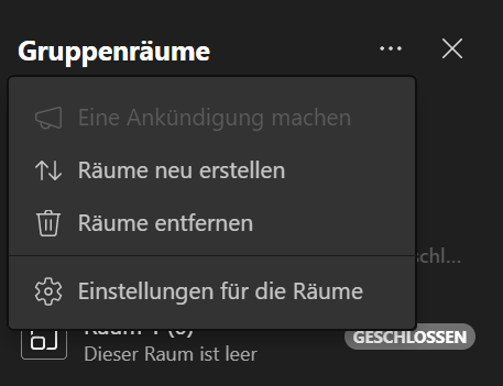 Screenshot, der die erweiterten Einstellungsmöglichkeiten für Gruppenräume im Kontextmenü von Microsoft Teams zeigt.