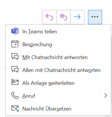 Screenshot des Kontextmenüs in Outlook, das die Option 'In Teams teilen' für eine ausgewählte E-Mail anzeigt. Die Benutzeroberfläche ist klar strukturiert und zeigt die verschiedenen Auswahlmöglichkeiten, um auf die E-Mail zu reagieren.