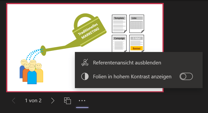 Screenshot der Referentenansicht während einer Präsentation in Microsoft Teams. Oben ist die Schaltfläche 'Referentenansicht ausblenden' sichtbar, während darunter die Schaltfläche für die Anzeige der Folien in hohem Kontrast zu sehen ist.