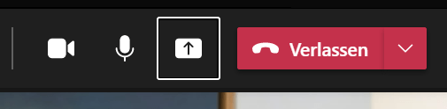 Screenshot, der die Schaltfläche zum Teilen von Inhalten in der Microsoft Teams-Leiste zeigt. Die Schaltfläche ist ein nach oben zeigender Pfeil, der in ein Quadrat eingebettet ist.