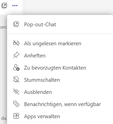 Screenshot, der das Drei-Punkte-Menü im Chatbereich von Microsoft Teams zeigt. Die Option 'Anheften' ist sichtbar, um eine Konversation oben im Chatbereich zu fixieren. Diese Funktion ermöglicht es, wichtige Chats durch Anpinnen schnell zugänglich zu halten.