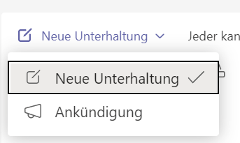 Screenshot, der den Prozess zum Erstellen einer Ankündigung in Microsoft Teams zeigt. Der Benutzer hat die Schaltfläche 'Neue Unterhaltung' ausgewählt und anschließend die 'Formatieren'-Option aktiviert, um erweiterte Funktionen zur Erstellung einer Ankündigung zu nutzen.