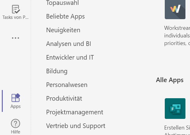 Screenshot, der die verschiedenen Kategorien von Apps in Microsoft Teams zeigt, die hinzugefügt werden können. Die Übersicht umfasst diverse App-Kategorien, die die Funktionalität von Teams erweitern.