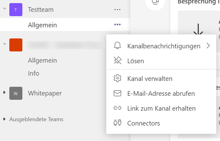 Screenshot, der zeigt, wie die E-Mail-Adresse eines Kanals in Microsoft Teams abgerufen wird. Die Option 'E-Mail-Adresse abrufen' befindet sich im Kontextmenü (drei Punkte) neben dem Teams-Kanal.