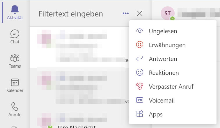 Screenshot, der zeigt, wie Nutzer in Microsoft Teams nach @-Erwähnungen filtern können., die an sie gerichtet wurden, indem sie auf «Aktivität» > «Filter» und dann auf «@ Erwähnungen» klicken.