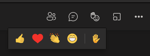 Screenshot, der die Reaktionen in Microsoft Teams zeigt, darunter Daumen hoch, Herz, Applaus, Lachen und das Handheben. Hervorgehoben ist die Handheben-Reaktion, die signalisiert, dass jemand sprechen oder eine Frage stellen möchte.