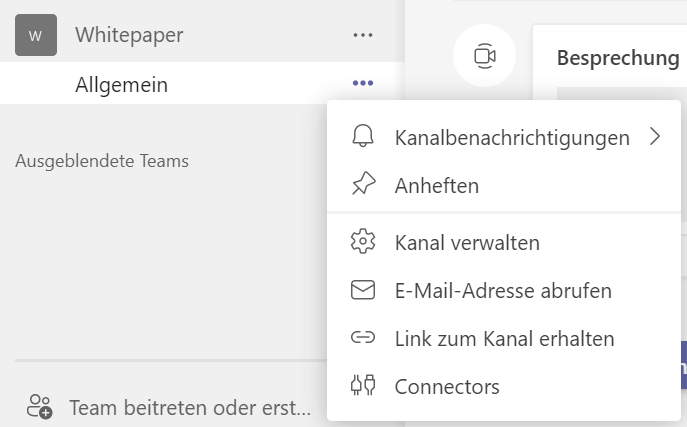 Screenshot, der das Drei-Punkte-Menü neben einem Microsoft Teams-Kanal zeigt. Die Option 'Anheften' ist sichtbar, um den Kanal oben in der Liste zu fixieren. Mehrere angepinnte Kanäle können per Drag-und-drop neu angeordnet werden.