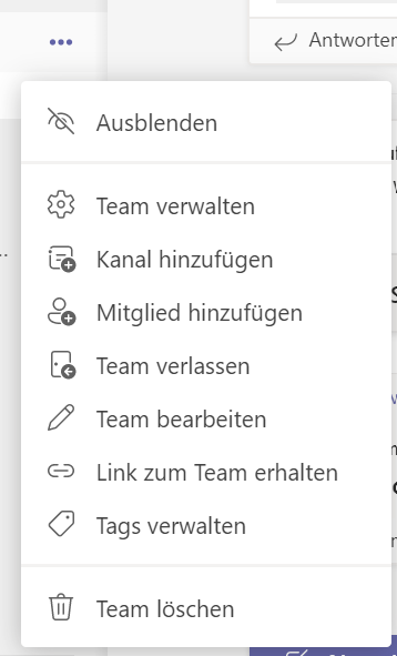 Screenshot des Kontextmenüs in Microsoft Teams, das die Option „Tags verwalten“ anzeigt. Über diese Funktion können Benutzer Tags erstellen, um einzelne Personen oder Gruppen anzusprechen.