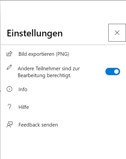 Screenshot der Einstellungen für das Whiteboard in Microsoft Teams, der die Option zum Herunterladen des Whiteboards als PDF zeigt.