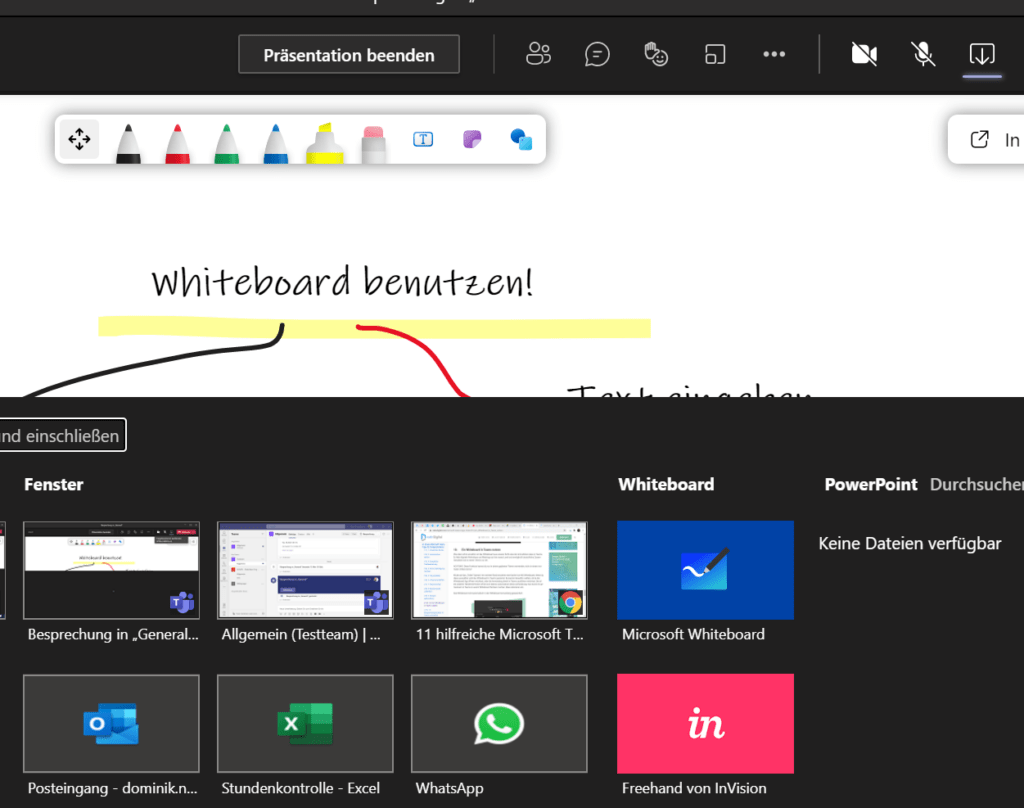 Screenshot, der die Benutzeroberfläche eines bereits teilweise genutzten Whiteboards in Microsoft Teams zeigt. Das Whiteboard ist ein digitales Zeichen- und Notiztool, das die Zusammenarbeit in Echtzeit ermöglicht.