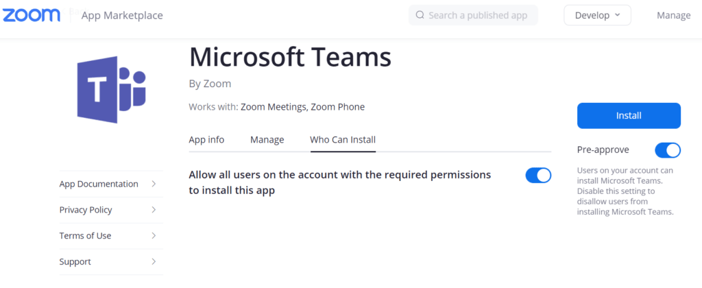 Screenshot des Zoom App Marketplace, der die Benutzeroberfläche zeigt, auf der die Microsoft Teams-App für Zoom installiert werden kann. Das Bild enthält die Schaltfläche zum Hinzufügen der App.