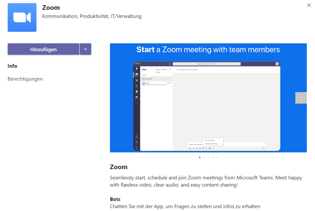 Screenshot von Microsoft Teams, der die Aufforderung zur Autorisierung für den Zugriff auf Zoom zeigt. Die Schaltfläche 'Hinzufügen' ist sichtbar.