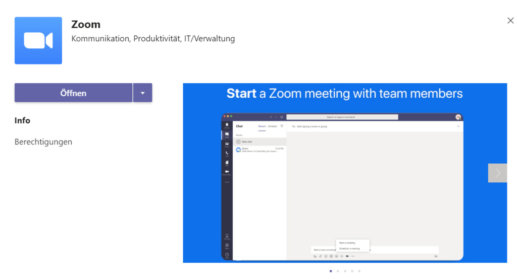 Screenshot von Microsoft Teams, der die gefundene Zoom-App anzeigt. Die Schaltfläche 'Öffnen' ist sichtbar, durch deren Klick die Zoom-App den Teams-Apps hinzugefügt wird.