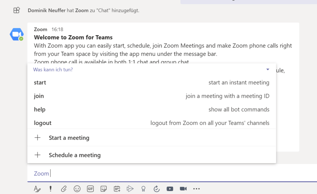 Screenshot von Microsoft Teams, der die Aktionen des Zoom-Chatbots zeigt. Der Bot kann Zoom-Meetings starten, beitreten oder planen, direkt aus einem Teams-Chat heraus.