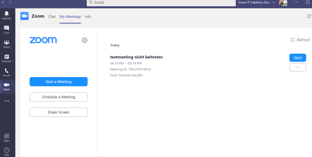 Screenshot in Microsoft Teams zeigt die Zoom-App, die als Steuerzentrale für die Verwaltung und den Start von Zoom-Meetings integriert ist. Es sind Optionen zum Starten oder Planen von Zoom-Meetings direkt in Teams sichtbar.