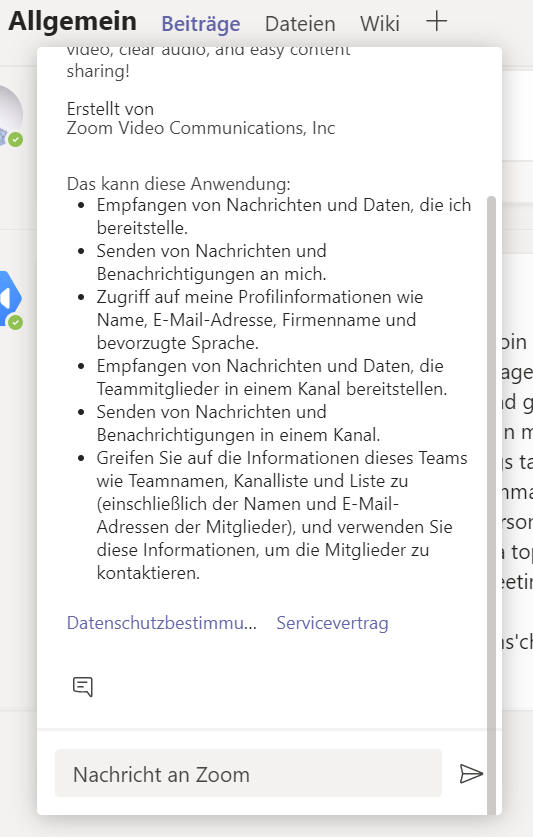 Screenshot in Microsoft Teams zeigt die Berechtigungen, die Zoom für die Integration in Teams anfordert, darunter der Zugriff auf Nachrichten, Profilinformationen und Teamdetails. Eine Schaltfläche 'Nachricht an Zoom' ist sichtbar.