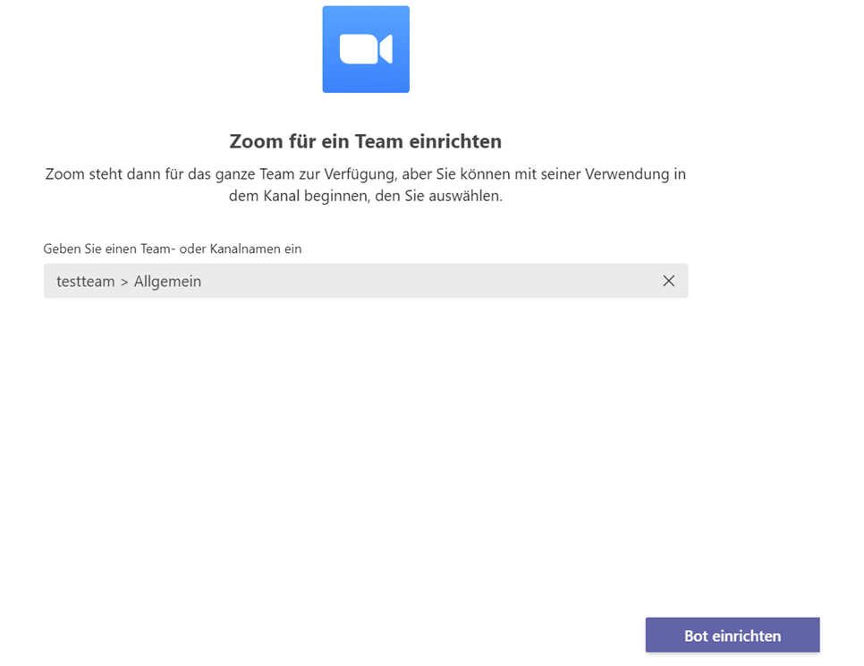 Screenshot von Microsoft Teams, der den Einrichtungsprozess des Zoom-Bots für Chats zeigt. Der Bot wird hinzugefügt, um Zoom-Meetings direkt aus dem Chat heraus zu verwalten.