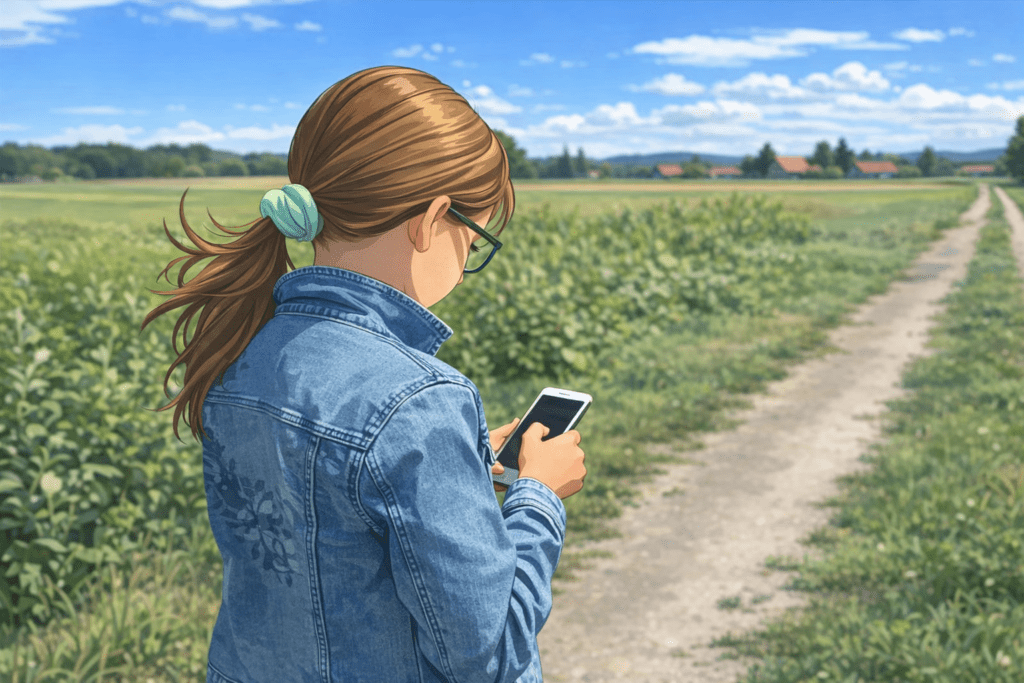 Eine Photo, das ein Kind im Freien beim Spielen mit einem Smartphone anzeigt.