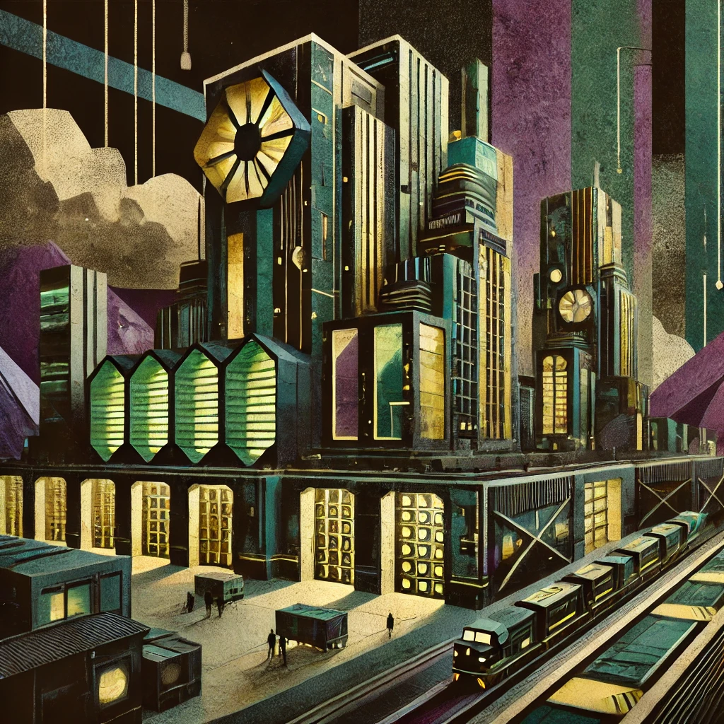 Collage im Stil von Metropolis, die ein energiehungriges Datenzentrum darstellt. Dunkle Töne und Pappstück-Optik schaffen eine visuelle Verbindung zu den Herausforderungen des IT-Energieverbrauchs.