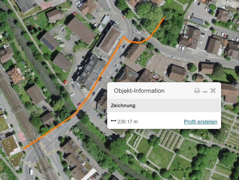 Screenshot von swisstopo, der das Abmessen einer Strecke von circa 230 Metern zwischen mehreren markierten Wegpunkten zeigt. Die Entfernung wird ausschliesslich in Metern angezeigt.