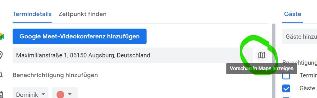 Screenshot von Google Kalender, der zeigt, wie für einen Termin der Routenplaner aufgerufen werden kann.