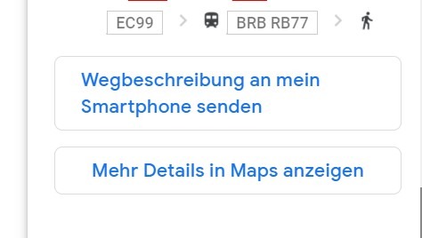 Screenshot des Google Routenplaners, der die Schaltfläche zum Versenden der Wegbeschreibung an ein Smartphone zeigt. Zusätzlich ist eine zweite Schaltfläche sichtbar, um weitere Details in Google Maps anzufordern.