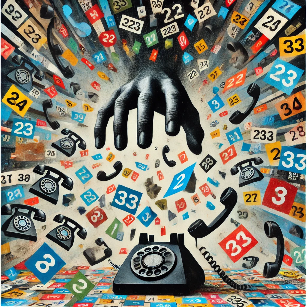 Eine chaotische Collage, die Telefonklingeln, kaputte Telefone und verzerrte Nummern darstellt, um die störende und verwirrende Natur von Spoofing und unerwünschten Anrufen zu symbolisieren. Die Komposition nutzt fragmentierte, lebendige Papierstücke, um ein Gefühl von Unordnung und Manipulation zu erzeugen, das die beunruhigende Erfahrung von Telefonbetrug und Telefonterror hervorhebt.