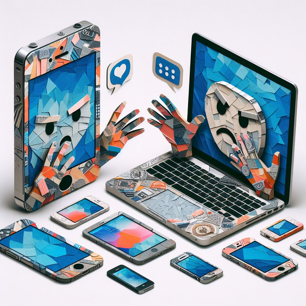 Eine Collage aus Pappstücken zeigt ein Notebook und ein Smartphone, die nicht miteinander kommunizieren können. Um die beiden Geräte herum sind weitere Geräte dargestellt, die ebenso keinen Zugriff auf den iOS-Hotspot haben dürfen, möglicherweise symbolisch für fremde Geräte.